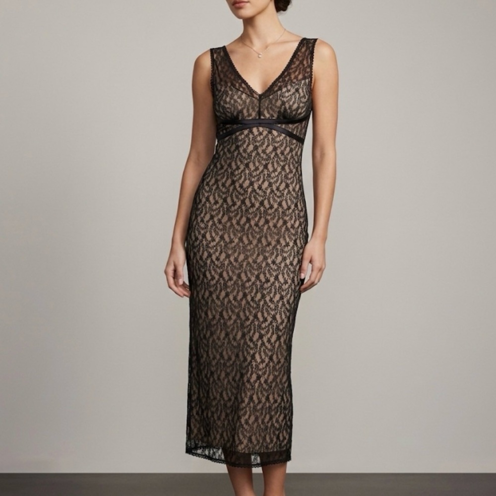 Express Vintage Black Lace Overlay Midi Dress Size 3/4 90s Goth Romantic - Picture 1 of 5